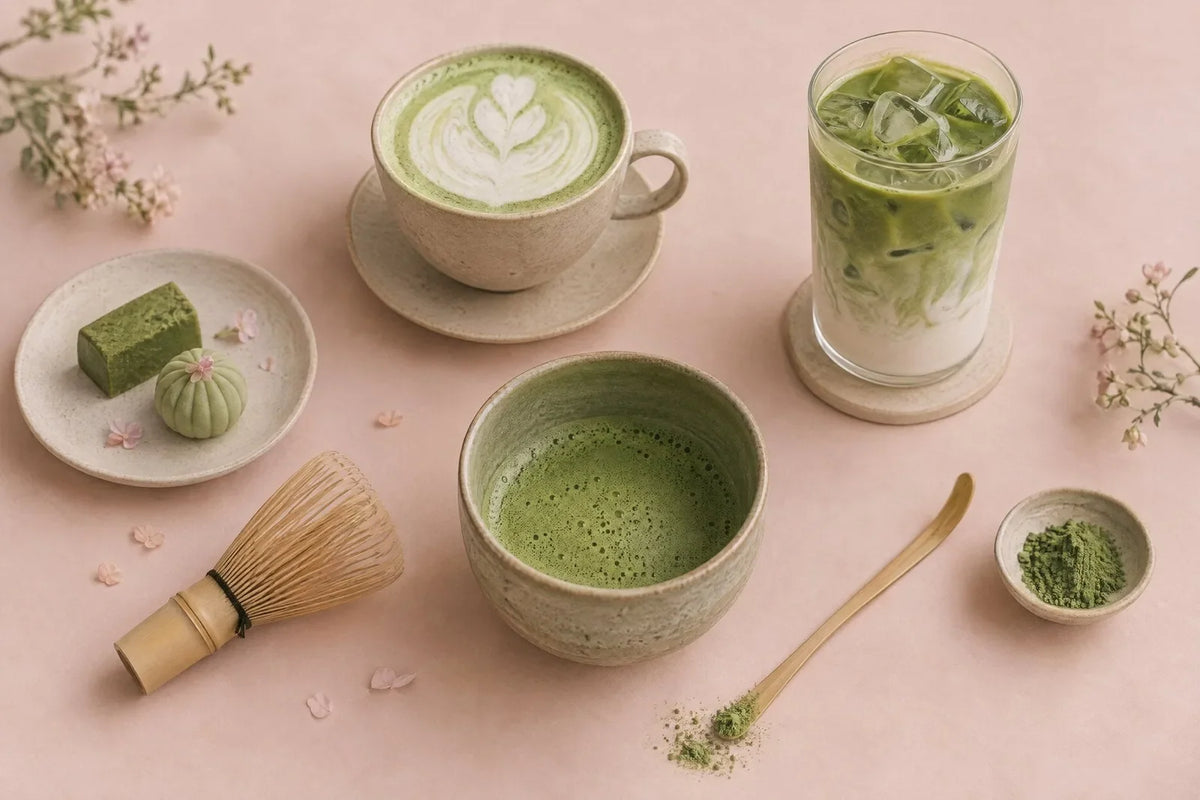 A hot matcha latte, an iced matcha latte and a bowl of matcha with a bamboo whisk and scoop