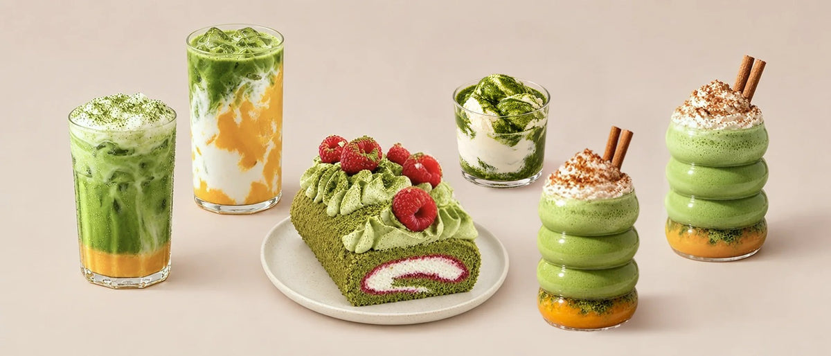 Iced lattes, matcha roll cake, matcha ice cream