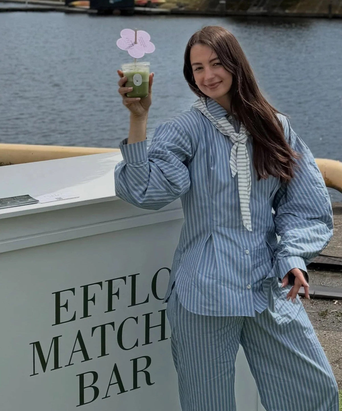 The Efflo Matcha Bar at a pop-up by the river in Riga