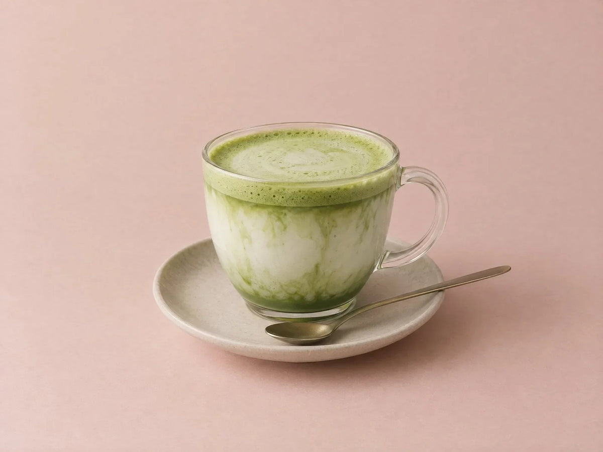 A hot matcha latte in a glass cup on a saucer