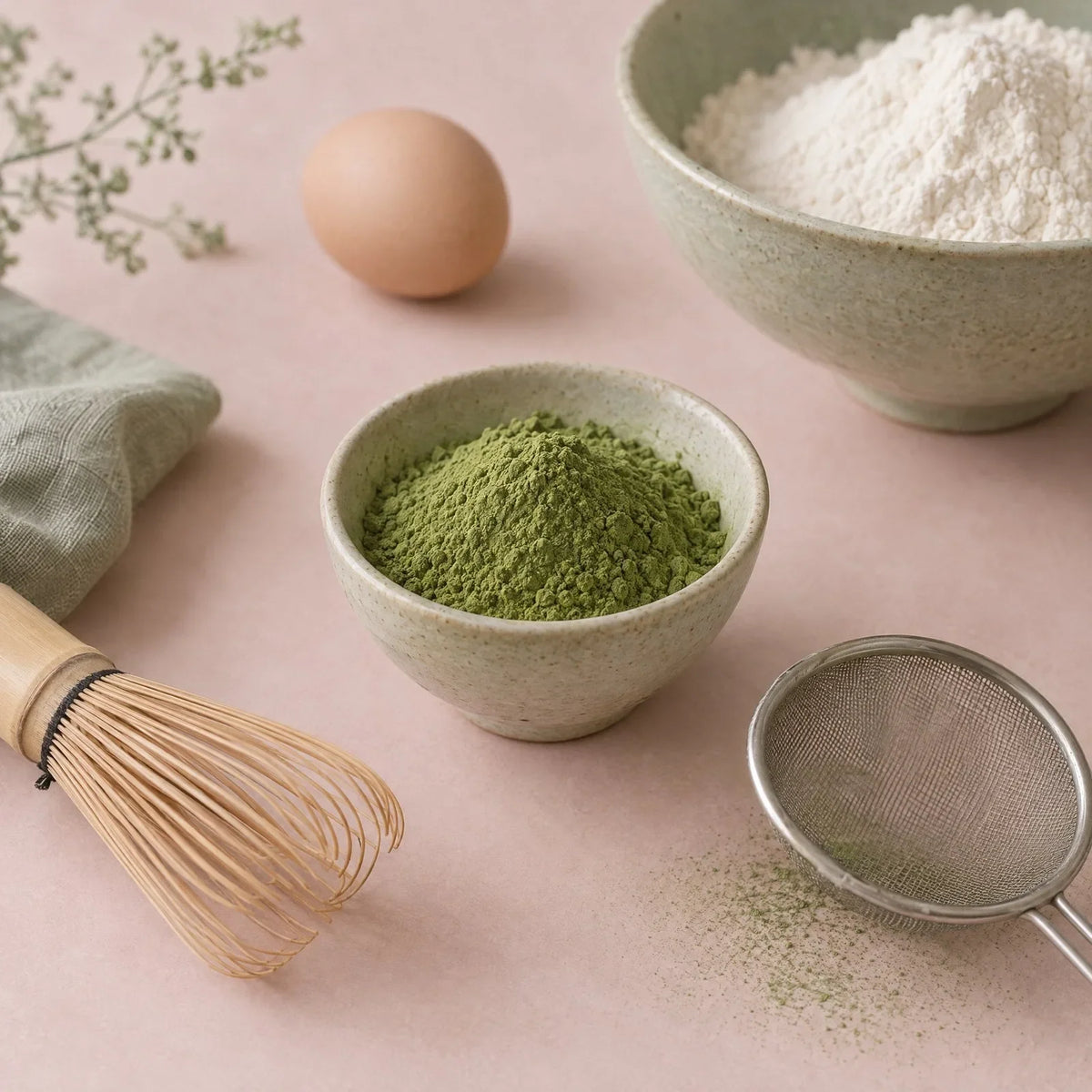 A bowl of matcha powder with flour