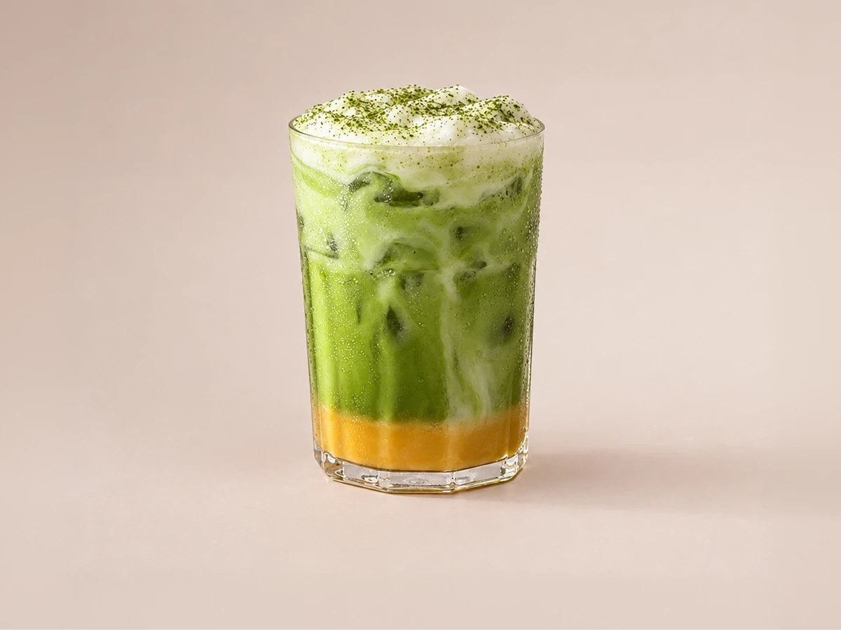 Iced matcha latte over mango