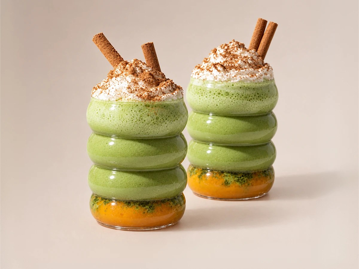 Two matcha drinks over pumpkin, topped with whipped cream and cinnamon